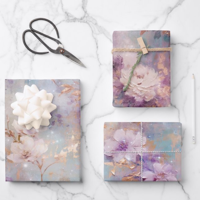 Feuille De Papier Cadeau Floral blanc d'or violet (Recto)