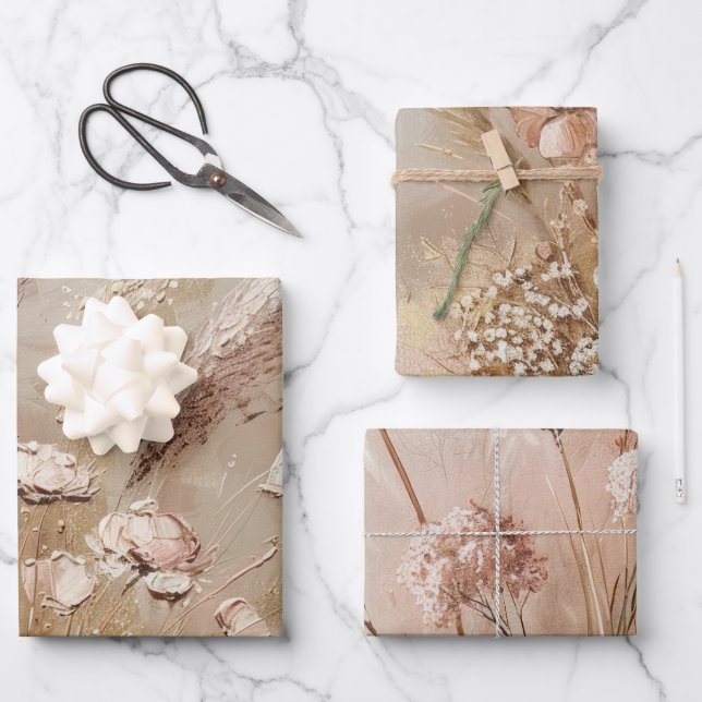 Feuille De Papier Cadeau Floral Boho Beige Blanc (Recto)
