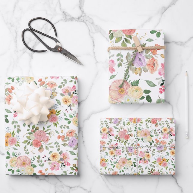 Feuille De Papier Cadeau Floral Boho d'été en blanc (Recto)