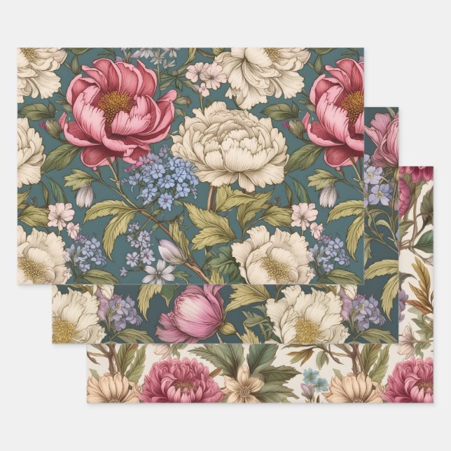 Feuille De Papier Cadeau Floral botanique vintage (Lot)