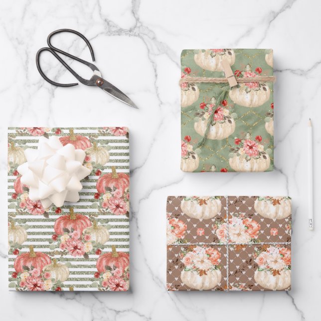 Feuille De Papier Cadeau Floral Citrouille Baby shower Fille fête d'anniver (Recto)