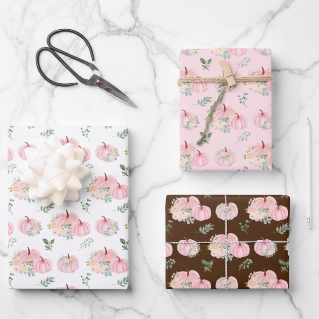Feuille De Papier Cadeau Floral Citrouille rose (Recto)