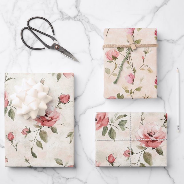 Feuille De Papier Cadeau Floral de roses roses blanches ivoire (Recto)