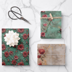 Feuille De Papier Cadeau Floral de Roses rouges vertes