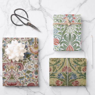 Feuille De Papier Cadeau Floral Morris Motif Fleurs rouges et bleues Vintag