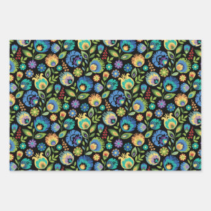Feuille De Papier Cadeau Floral polonais Wycinanki sur noir