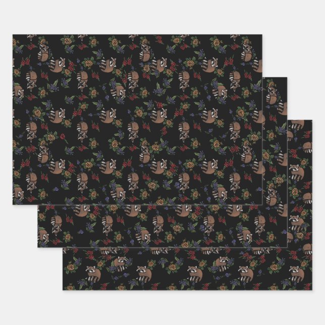 Feuille De Papier Cadeau Floral Raccoons mignon couchant Motif (Lot)
