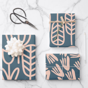 Feuille De Papier Cadeau Floral Scandinave Résumé Acier Bleu