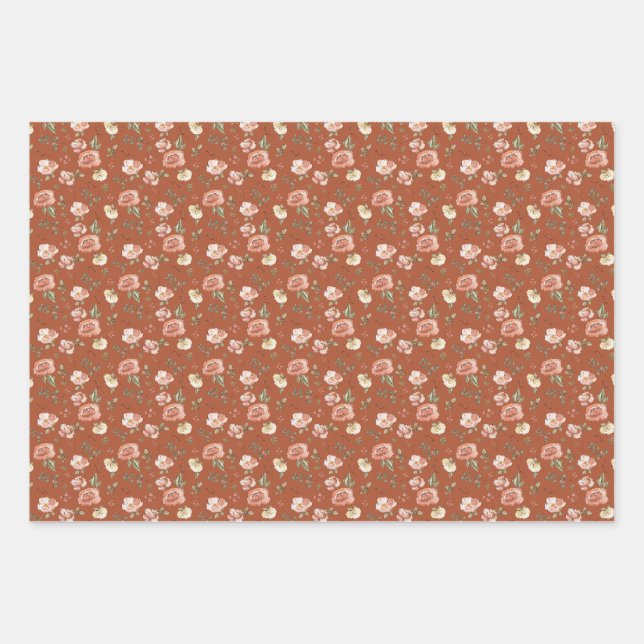 Feuille De Papier Cadeau Floral sur orange brûlé (Devant)