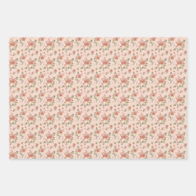 Feuille De Papier Cadeau Floral sur rose (Devant)