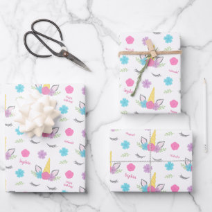 Feuille De Papier Cadeau Floral Unicorn Visage Anniversaire Personnalisé