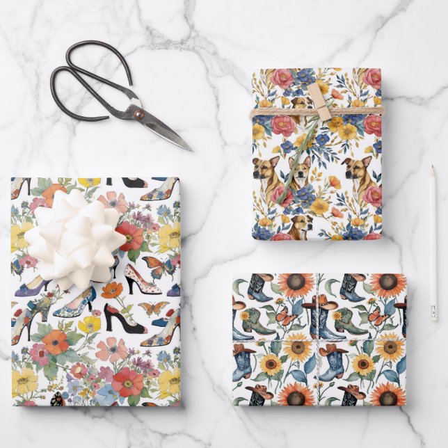 Feuille De Papier Cadeau Floraux avec bottes en talons et chiens (Recto)