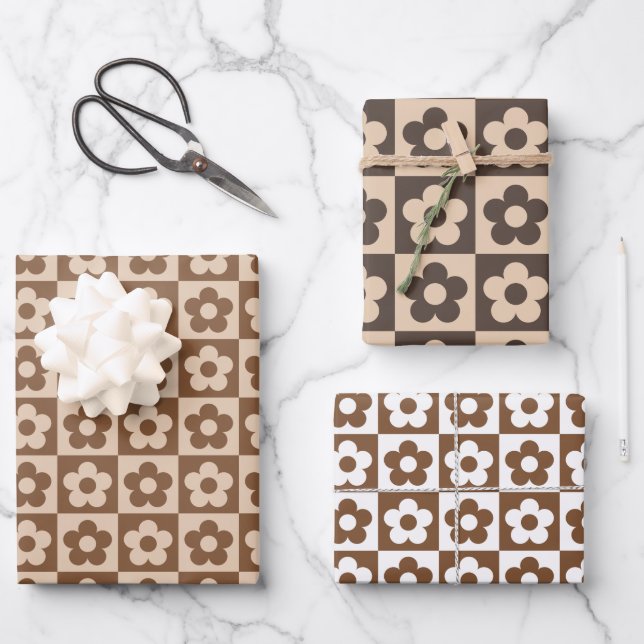 Feuille De Papier Cadeau Flore beige Brown À damiers rétro (Recto)