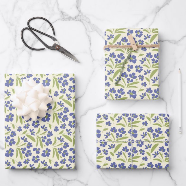 Feuille De Papier Cadeau Flore Bio Bleu Vert Sur Crème 0111A (Recto)