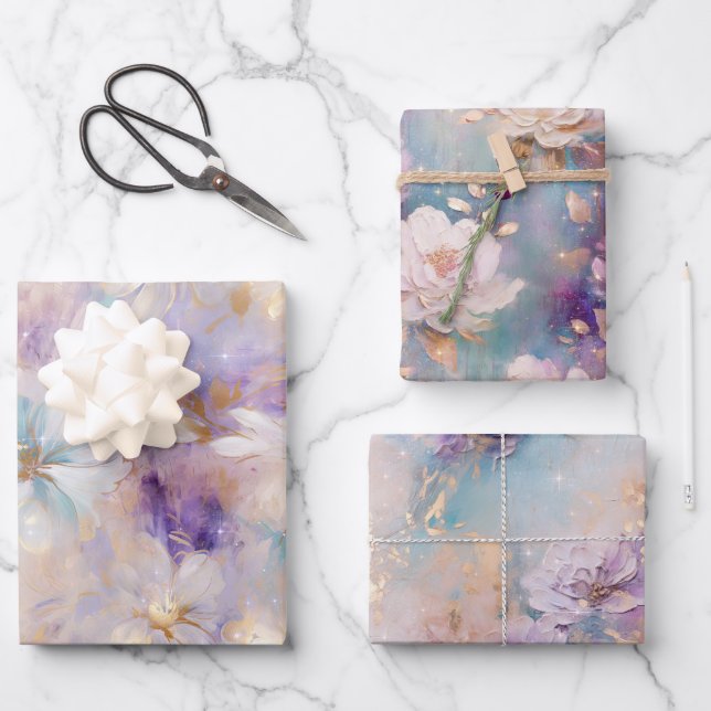 Feuille De Papier Cadeau Flore bleu violet d'or blanc (Recto)