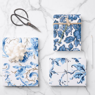 Feuille De Papier Cadeau Flore bleue et blanche classique
