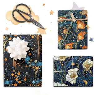 Feuille De Papier Cadeau Flore de minuit enchantée en or et bleu,