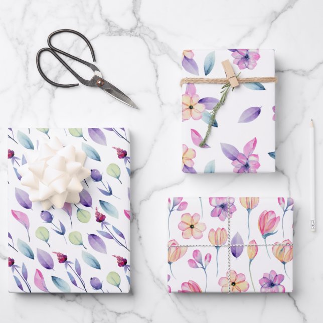 Feuille De Papier Cadeau Flore délicate rose et violette (Recto)
