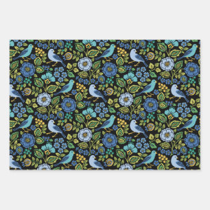 Feuille De Papier Cadeau Flore d'oiseaux bleus sur noir