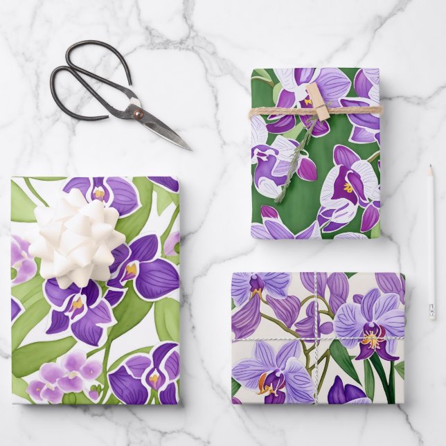 Feuille De Papier Cadeau Flore d'orchidée chic violet (Recto)