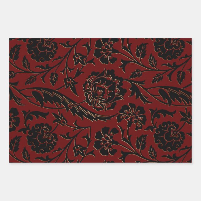 Feuille De Papier Cadeau Flore profonde rouge et noire (Devant)