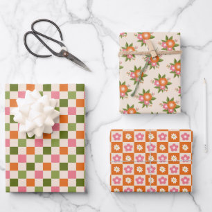 Feuille De Papier Cadeau Flore rétro et damier rose orange vert