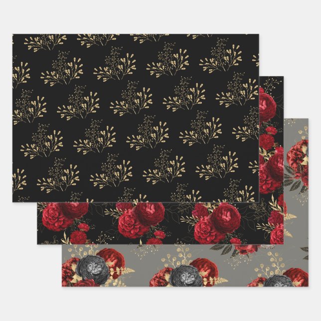 Feuille De Papier Cadeau Flore rouge noir et or (Lot)