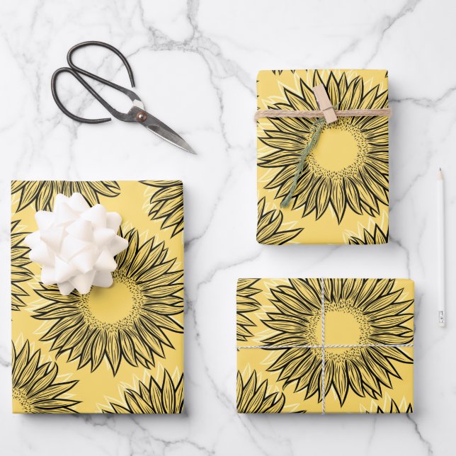 Feuille De Papier Cadeau Flore Rustique Tournesol Main tiré (Recto)