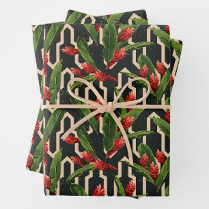 Feuille De Papier Cadeau Flore tropicale sur noir géométrique