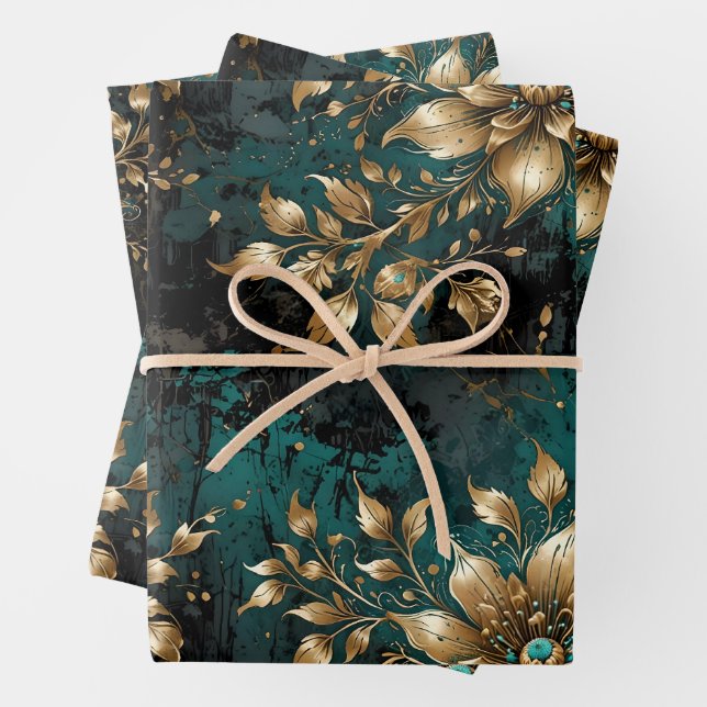 Feuille De Papier Cadeau Flores turquoises et Gold Grunge (En situation)