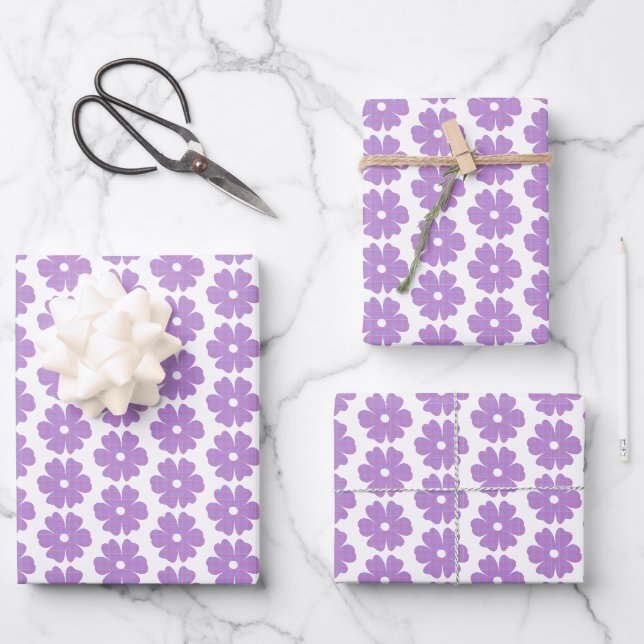 Feuille De Papier Cadeau Flower Shape Plaid Pink Purple (Recto)