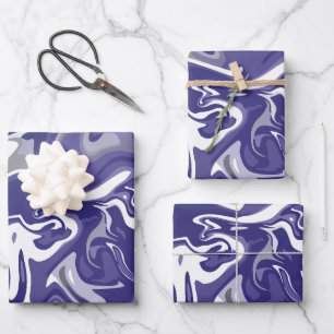 Feuille De Papier Cadeau Flux Abstrait avec Bleu Nuit, Blanc et Gris