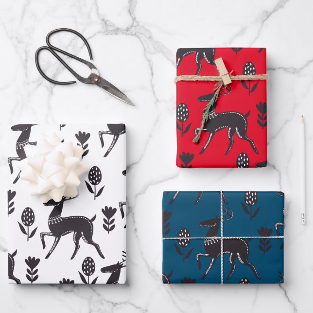 Feuille De Papier Cadeau Folk Art Black Deer Trio (Recto)