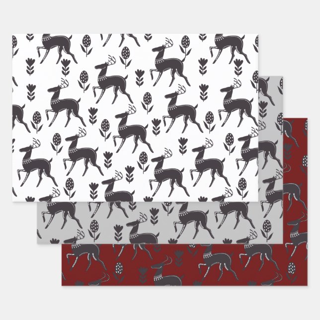 Feuille De Papier Cadeau Folk Art Black Deer Trio II (Lot)