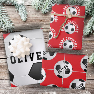 Feuille De Papier Cadeau Football Balls Enfants Nom Rouge Noël