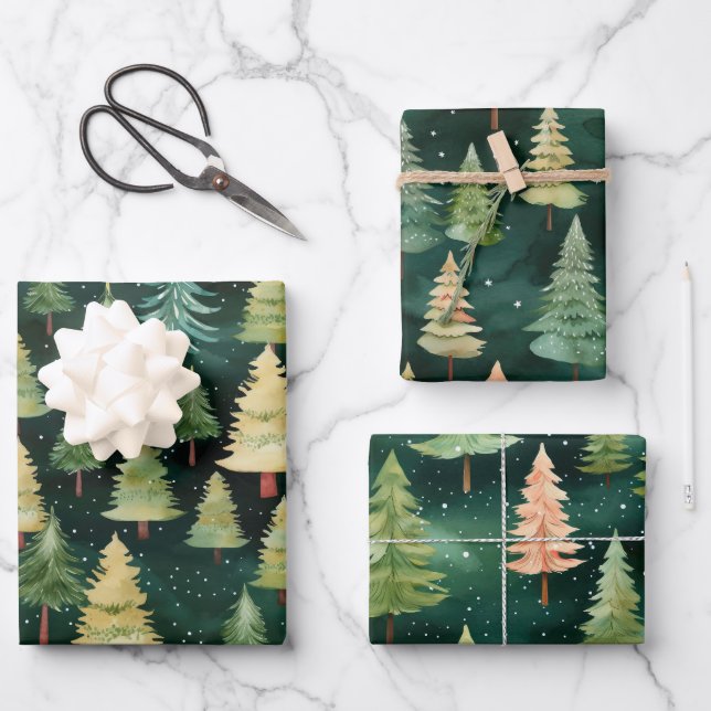 Feuille De Papier Cadeau Forêt de nuit des arbres de Noël (Recto)