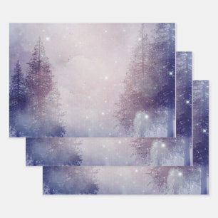 Feuille De Papier Cadeau Forêt de pins d'hiver pourpre