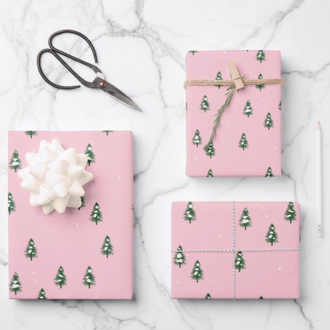 Feuille De Papier Cadeau Forêt minimaliste de pins d'hiver rose (Recto)