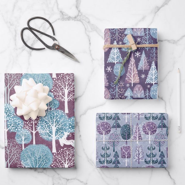 Feuille De Papier Cadeau Forêt pourpre de Noël d'hiver (Recto)