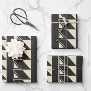 Feuille De Papier Cadeau Formes géométriques Art déco vintage noir et bl