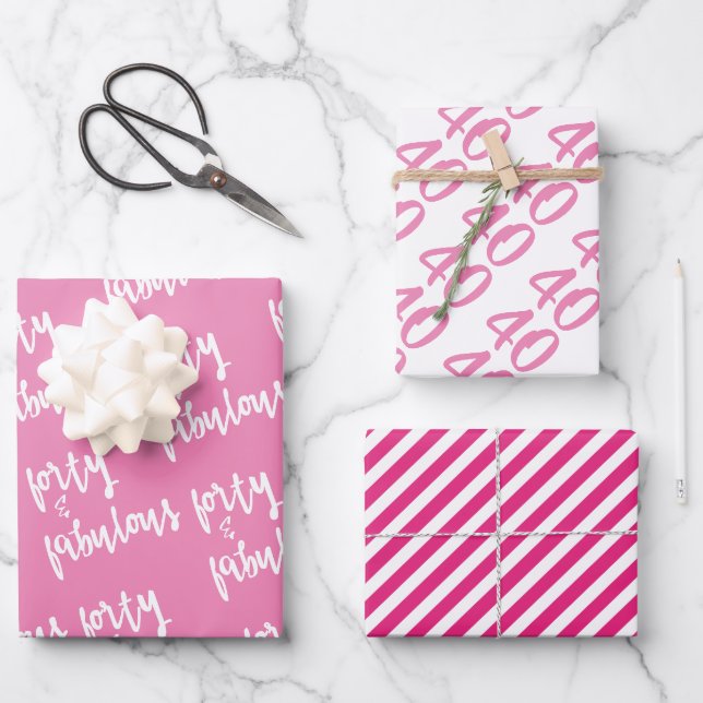 Feuille De Papier Cadeau Forty & Fabulous - Fun Pink 40e anniversaire (Recto)