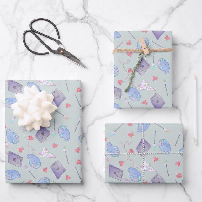 Feuille De Papier Cadeau Fournitures d'art heureuses (Recto)