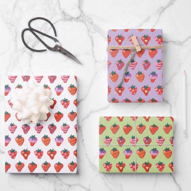Feuille De Papier Cadeau Fraise blanche-Kiwi-Plum illustrée (Recto)