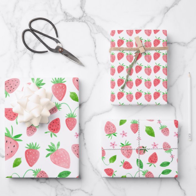 Feuille De Papier Cadeau Fraise vert Aquarelle Anniversaire (Recto)