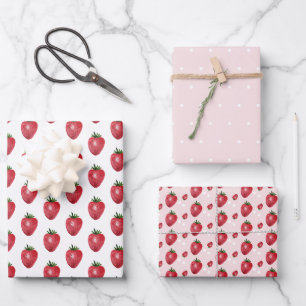 Feuille De Papier Cadeau Fraises aquarelle peintes à la main