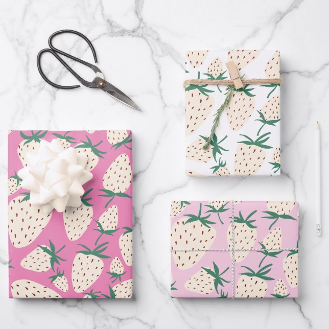 Feuille De Papier Cadeau Fraises blanches exotiques Fruits doux et colorés (Recto)