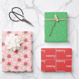 Feuille De Papier Cadeau Fraises et fleurs de mignons Motifs