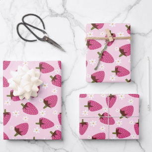 Feuille De Papier Cadeau Fraises marguerites Flore motif Fille rose