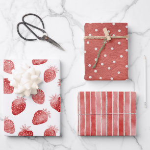 Feuille De Papier Cadeau Fraises Rouges Points Blancs Rayures Anniversaire