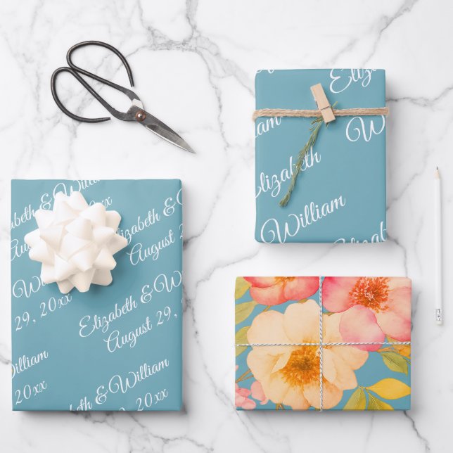 Feuille De Papier Cadeau  Frame with Roses, Wedding style on retro blue (Recto)